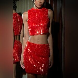 Meshki Red/Orange Sequin Crop Top and Skirt Set
